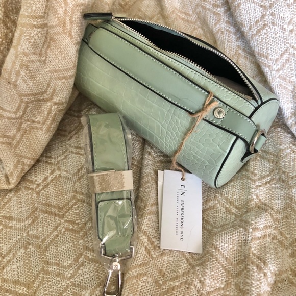 Vegan Faux Snakeskin Cylinder Barrel Bag - Light Sage/Mint (Expressions NYC) - Picture 3 of 7